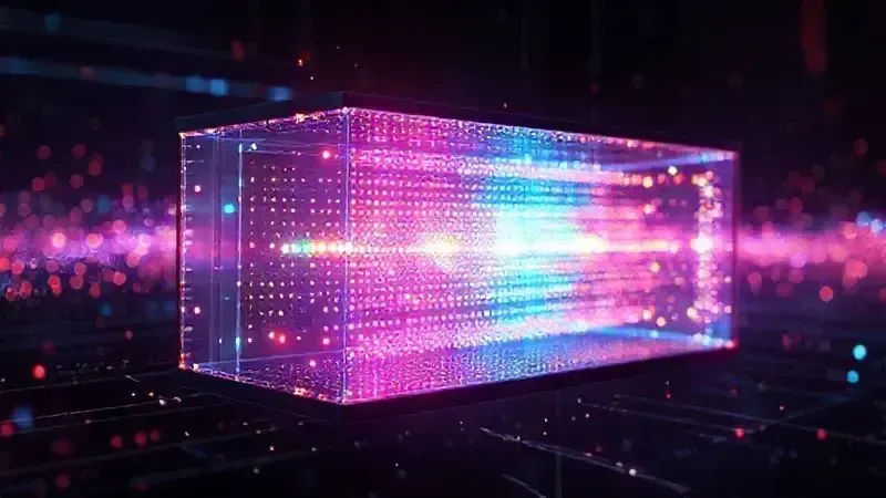 Ilustração esquemática conceitual da tecnologia QLED mostrando partículas de quantum dots e estrutura interna