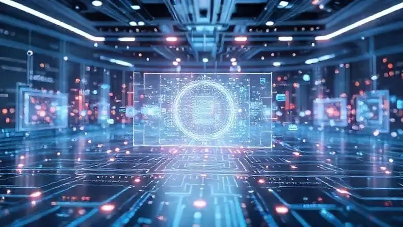 Visualização conceitual de tecnologias avançadas de tela e processamento de imagem com elementos digitais futuristas