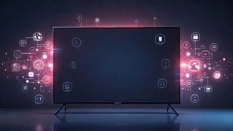 Representação artística de tecnologias e conectividade em torno de uma TV smart moderna sem marca