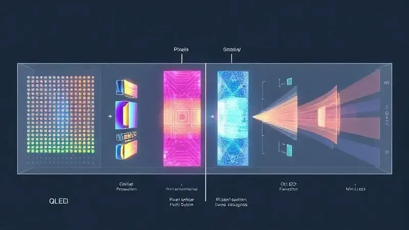 Diagrama conceitual comparando diferentes tecnologias de display 4K como QLED, OLED e Mini-LED