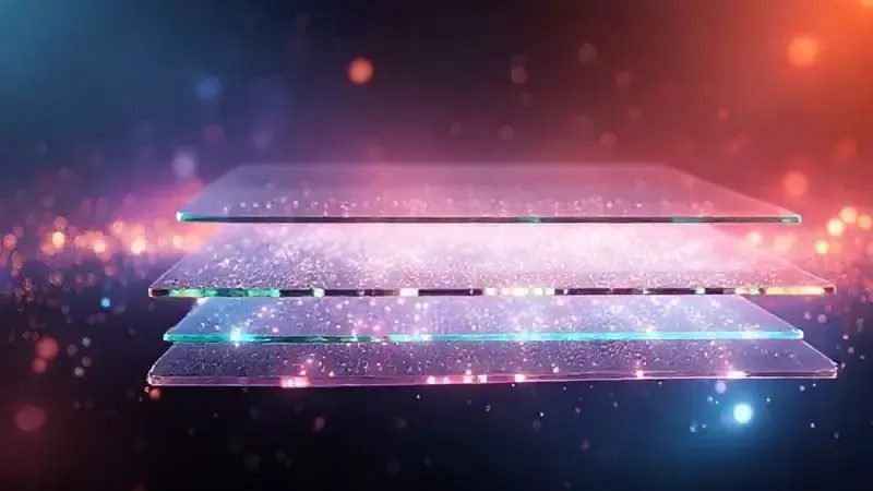 Ilustração digital de tecnologias de display com camadas transparentes representando diferentes tipos de tela de TV
