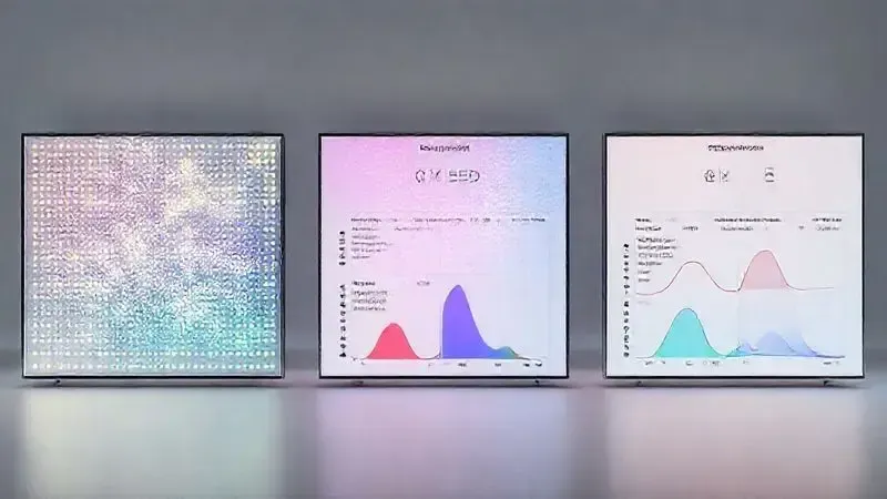 Comparação conceitual entre tecnologias OLED, QNED e NanoCell em representação 3D artística