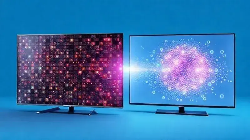 Render 3D conceitual comparando tecnologias OLED e QNED de forma abstrata