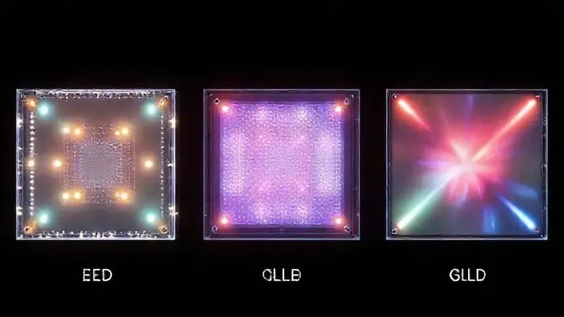 Ilustração conceitual de tecnologias de painel LED, OLED e QLED com efeitos de luz e estrutura