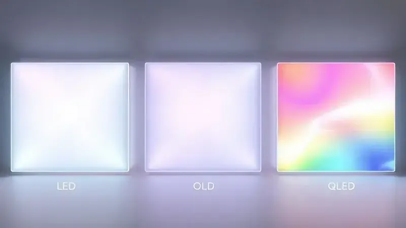 Ilustração conceitual comparando diferentes tecnologias de tela LED, OLED e QLED de forma abstrata