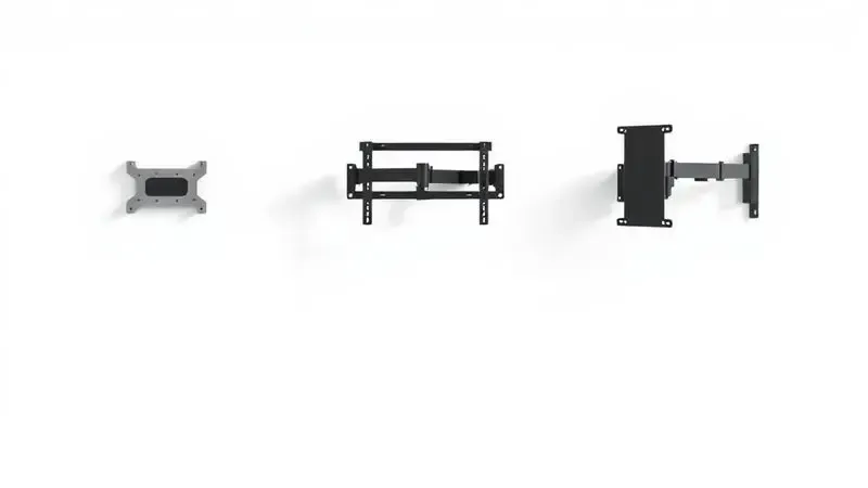 Comparação visual dos três tipos principais de suportes de TV: fixo, inclinável e articulado