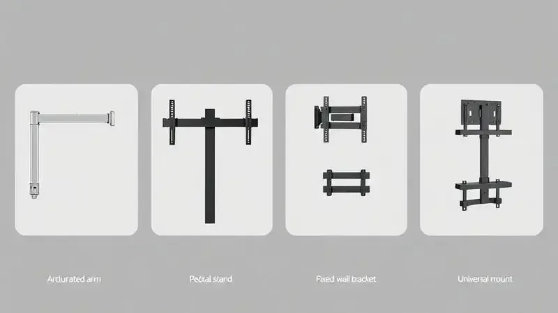 Ilustração conceitual dos quatro tipos principais de suportes para TV lado a lado: articulado, pedestal, fixo e universal.