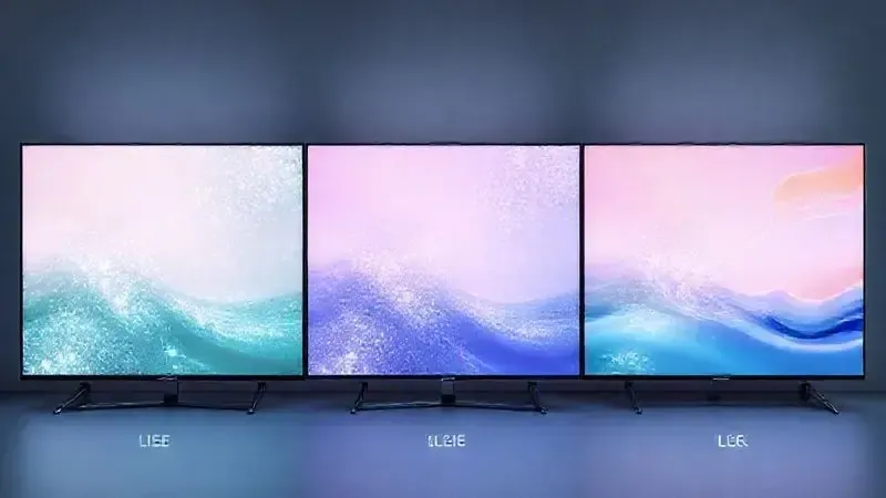 Comparação ilustrativa entre diferentes tipos de telas de TV e resoluções de imagem em visualização artística