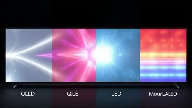 Diferenças visuais entre tipos de telas de TV: OLED, QLED, LED e MicroLED em representação conceitual