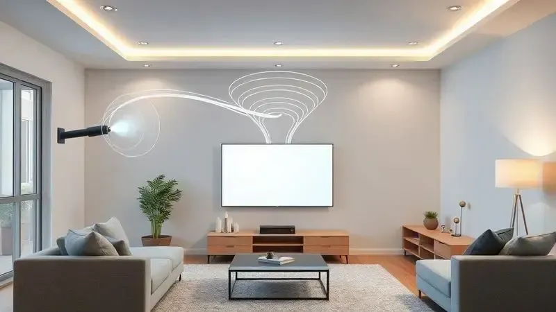 Ilustração conceitual da transmissão de sinal de TV digital conectando antena a televisor moderno