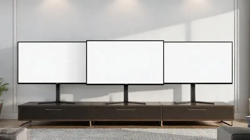 Três modelos diferentes de TVs de 32 polegadas em disposição elegante em sala moderna
