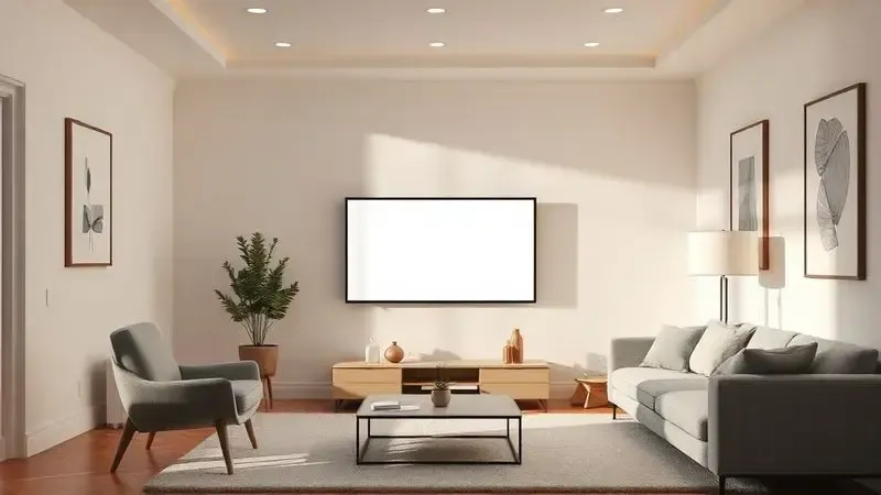 Ilustração conceitual de televisor de 32 polegadas em ambiente moderno otimizado para espaços pequenos