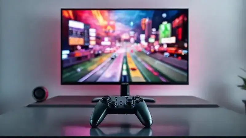 TV de 32 polegadas exibindo gráficos de jogo com controle em mesa gamer