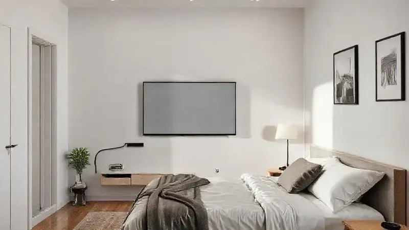 TV de 32 polegadas montada na parede em quarto de apartamento pequeno