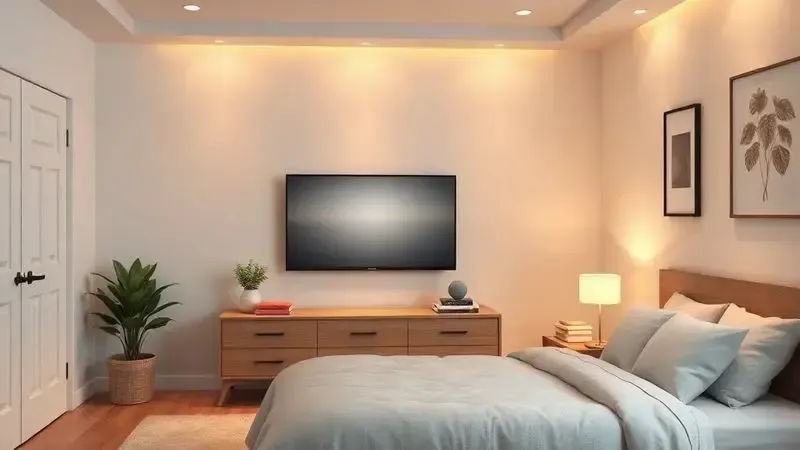 Conceito de TV smart 32 polegadas integrada em quarto moderno e aconchegante