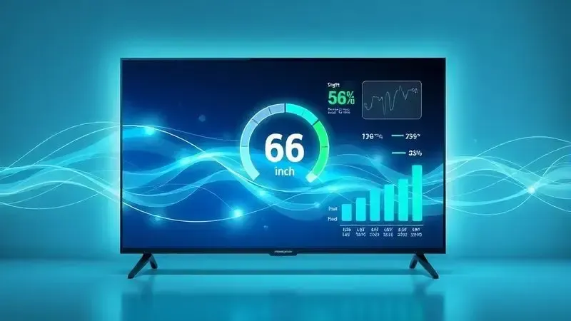 Ilustração conceitual de consumo energético de TV 75 polegadas com elementos visuais de eficiência