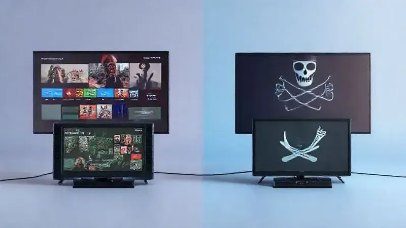 Comparação visual entre uso legal de TV Box e pirataria de conteúdo, conceito de legalidade