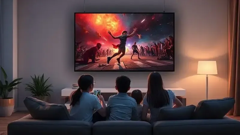 Família assistindo filme em TV Hisense com cores vibrantes e qualidade de imagem excepcional em ambiente moderno