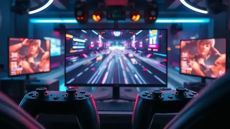Setup de gaming profissional com TV Hisense mostrando baixa latência e alta taxa de atualização para jogos