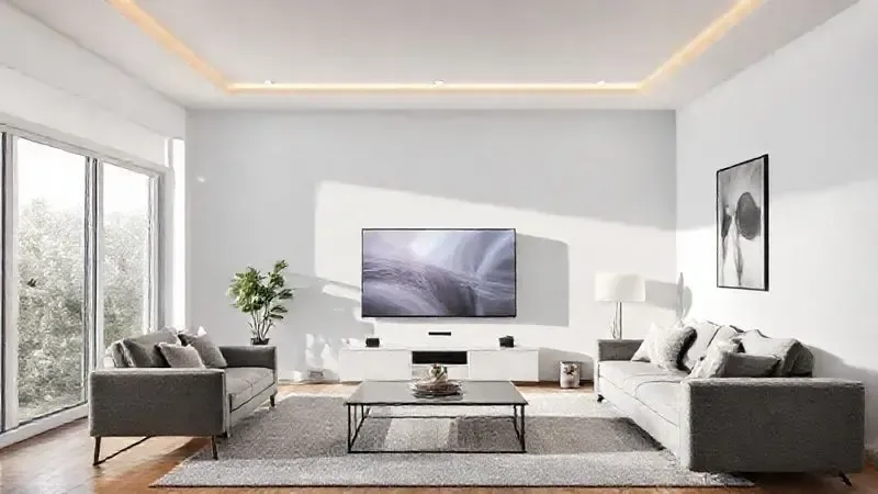Ilustração conceitual de sala com TV 50 polegadas mostrando proporção ideal para ambientes