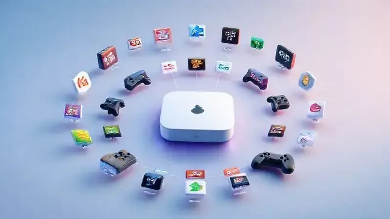Ilustração artística das múltiplas funcionalidades e opções de entretenimento oferecidas por uma TV Box Android.
